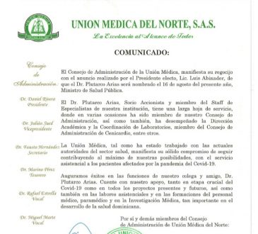 Clínica Unión Médica del Norte se regocija por nombramiento de nuevo Ministro de Salud