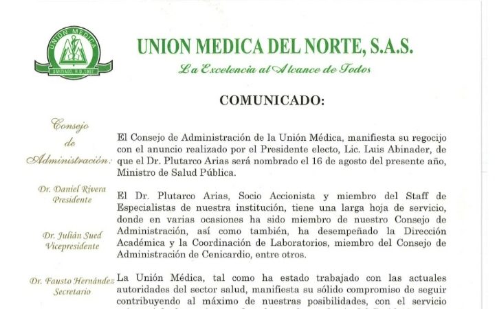 Clínica Unión Médica del Norte se regocija por nombramiento de nuevo Ministro de Salud