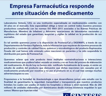 Laboratorio aclaró que fármaco Bupivacaina Pesada causa efectos adversos por sí mismo y no por su fabricación