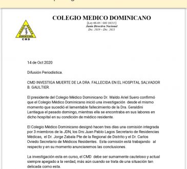 Colegio Médico Dominicano investiga muerte de la médico residente Geraldini Lantigua