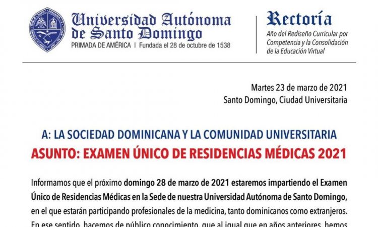 UASD fijó el ENURM 2021 para el próximo domingo 28 de marzo