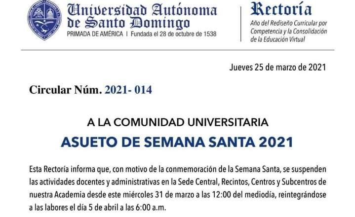 UASD anunció suspensión de actividades y recomendó medidas de prevención durante semana santa UASD anunció suspensión de actividades y recomendó medidas de prevención durante semana santa