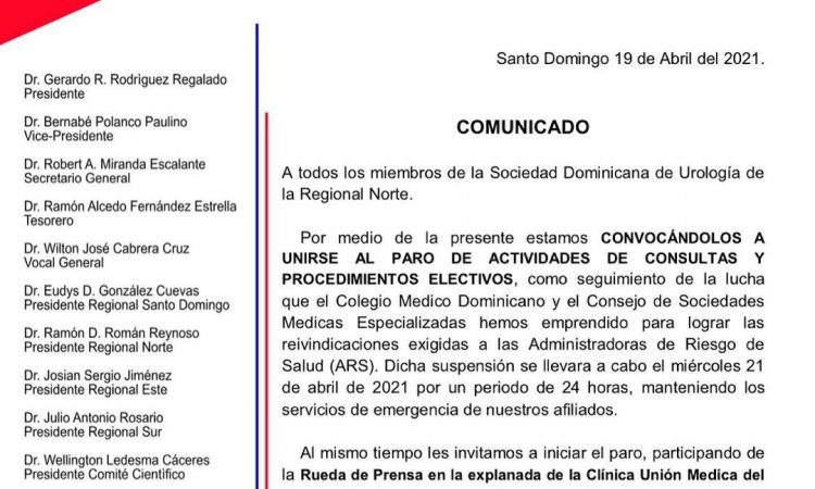 Urólogos de la región Norte también suspenderán sus actividades exigiendo respuesta de las ARS