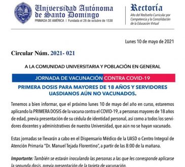 UASD anunció que desde el lunes estarán vacunando a mayores de 18 años