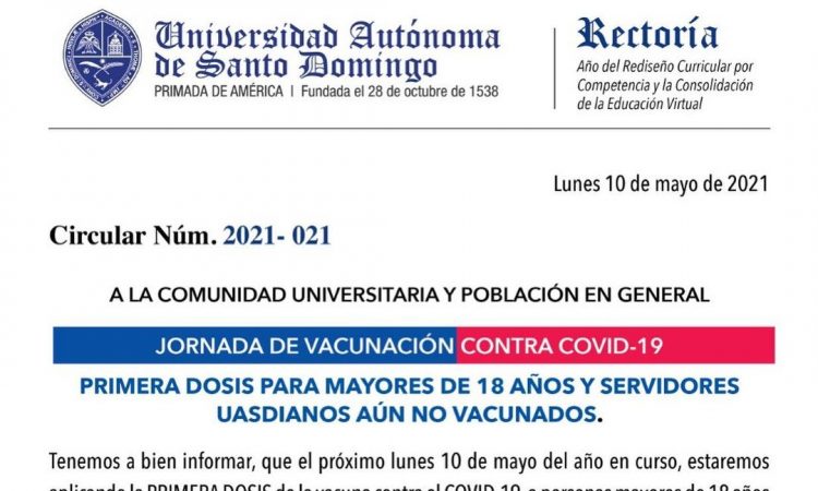 UASD anunció que desde el lunes estarán vacunando a mayores de 18 años