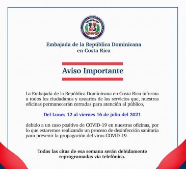 Embajada de Costa Rica anunció cese de operaciones por caso COVID-19