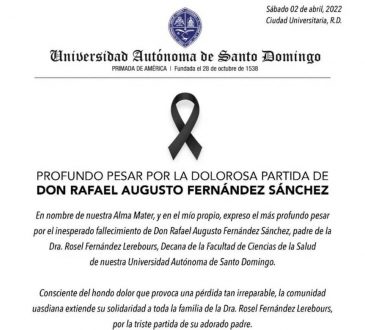 FCSUASD lamenta el fallecimiento del padre de la decana Fernández