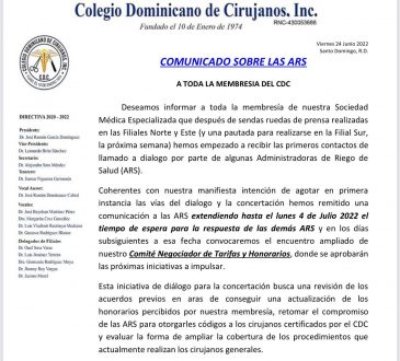 Cirujanos del Este extienden plazo para diálogo con ARS