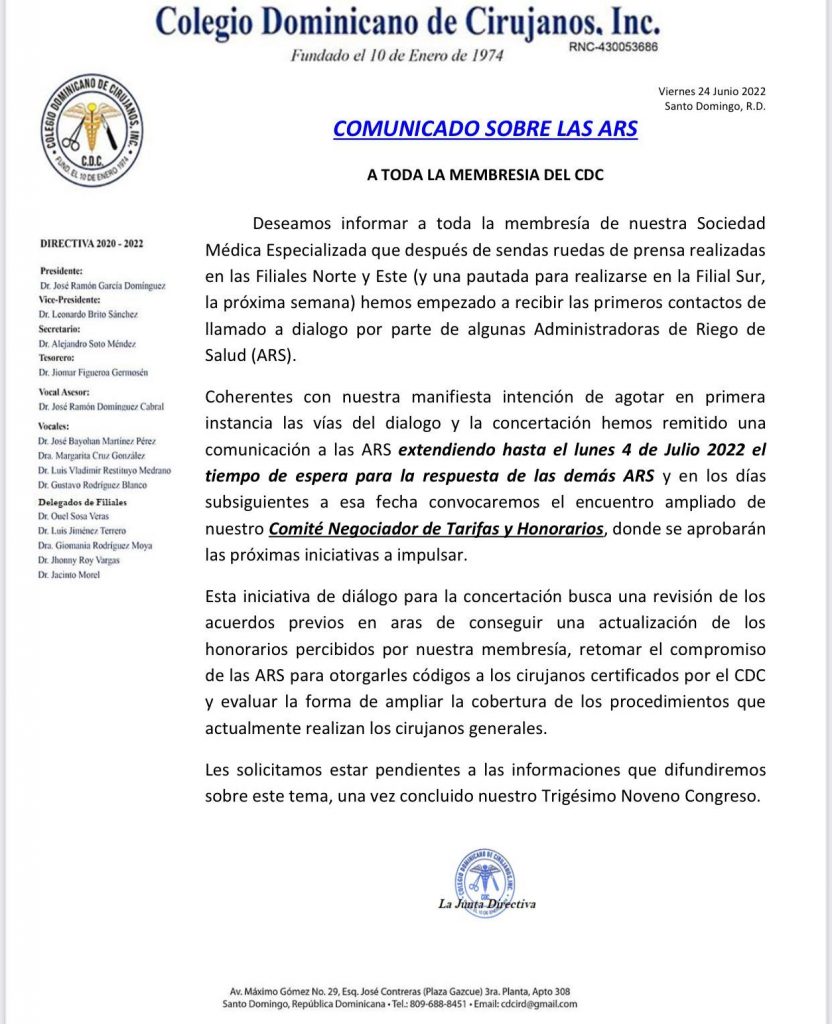 Cirujanos del Este extienden plazo para diálogo con ARS Cirujanos del Este extienden plazo para diálogo con ARS