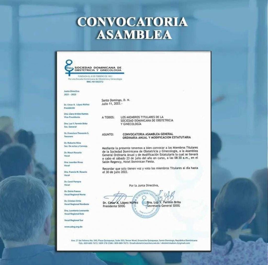 Sociedad de Obstetricia y Ginecología convoca asamblea general