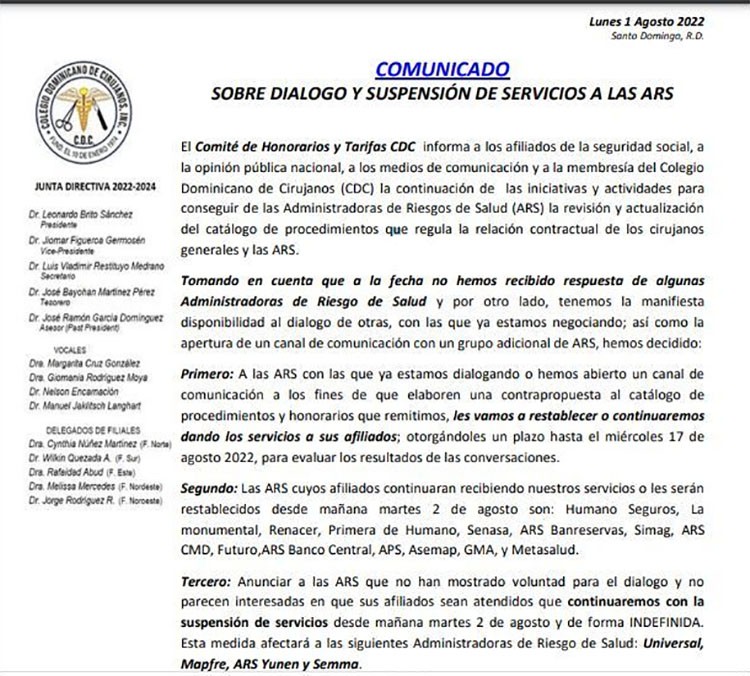 Cirujanos levantan parcialmente su paro con las ARS