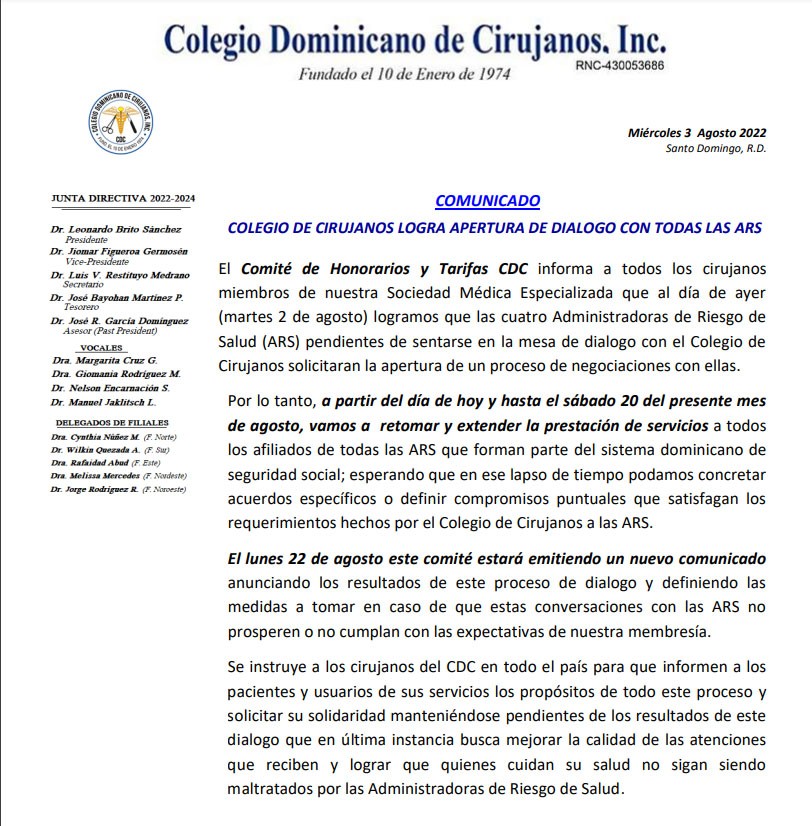 Cirujanos retoman diálogo y servicios médicos con todas las ARS