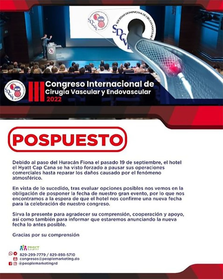 SDCVE confirma suspensión del su Congreso Internacional por efectos del huracán Fiona