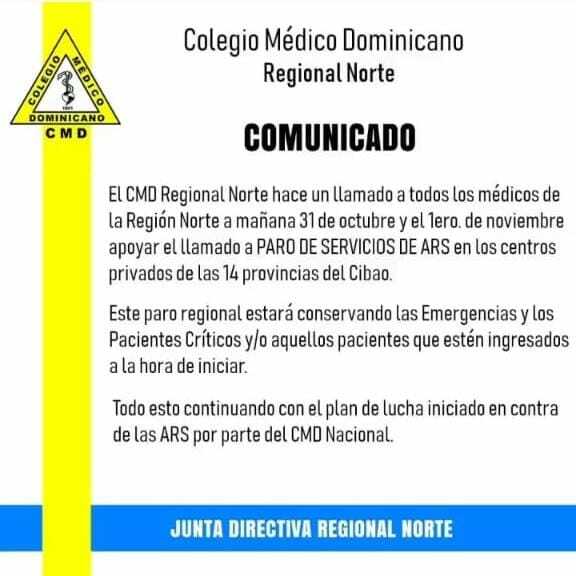 Regional Norte del CMD comenzó paro de servicios médicos en ARS del Cibao