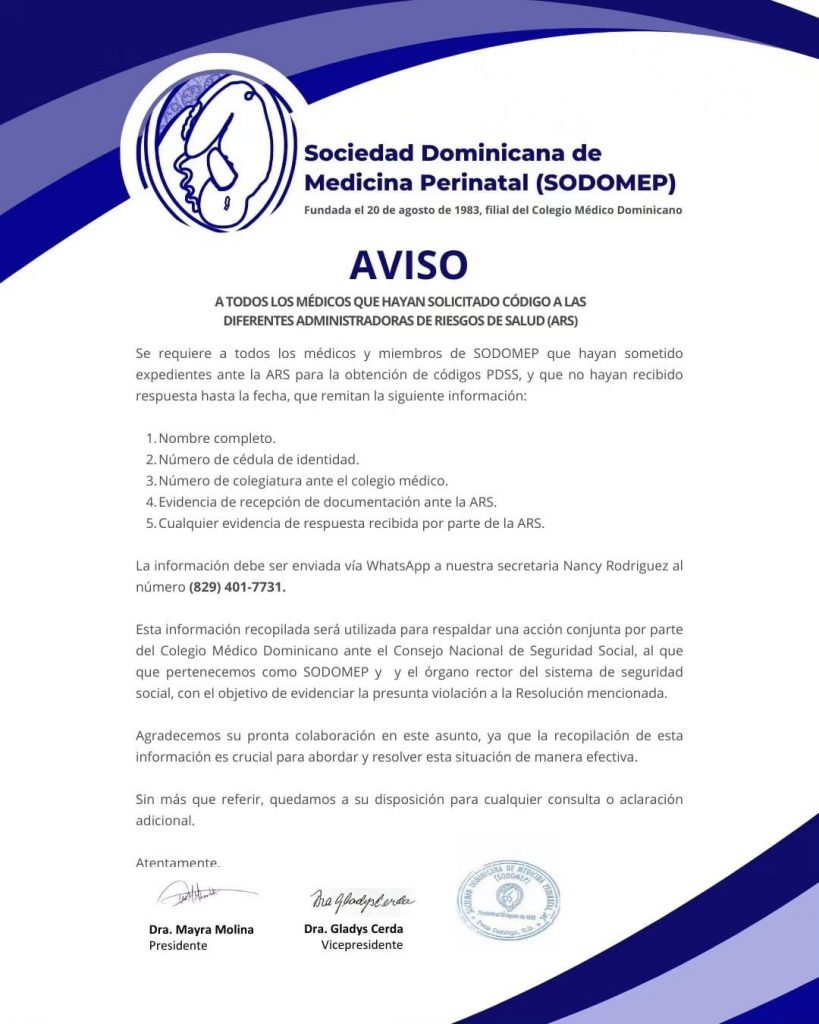 SODOMEP anuncia acciones contra ARS que no asignen códigos a sus miembros SODOMEP anuncia acciones contra ARS que no asignen códigos a sus miembros