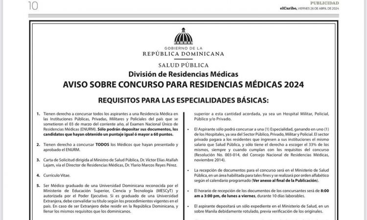 Salud Pública abre Concurso de Residencias Médicas 2024