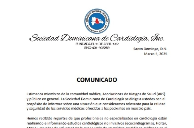 Sociedad Dominicana de Cardiología alerta sobre estudios cardiológicos realizados por personal no especializado