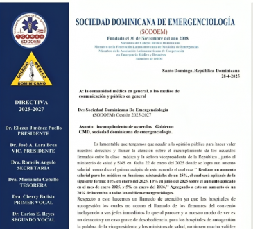SODOEM denuncia incumplimiento de acuerdo salarial firmado con autoridades de salud