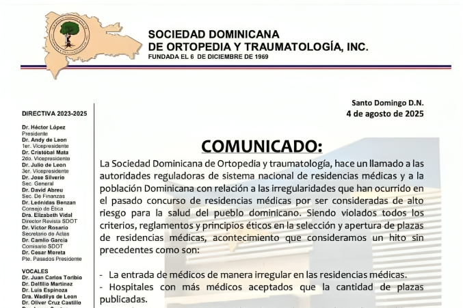 Sociedad Dominicana de Ortopedia y Traumatología denuncia irregularidades en concurso de residencias médicas Sociedad Dominicana de Ortopedia y Traumatología denuncia irregularidades en concurso de residencias médicas