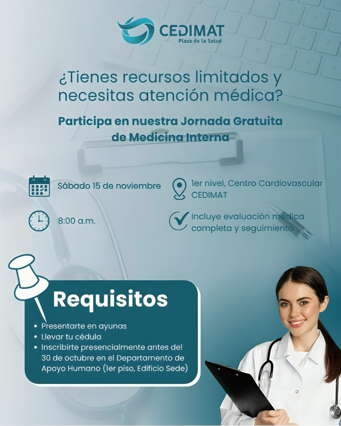 CEDIMAT invita a participar en jornada gratuita de medicina interna para personas con recursos limitados