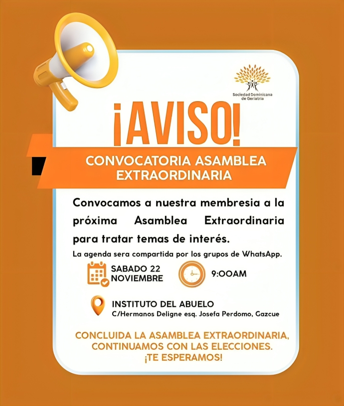 Sociedad Dominicana de Geriatría convoca a Asamblea Extraordinaria y Eleccionaria