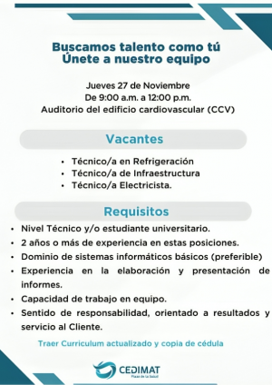 CEDIMAT invita a participar en jornada de reclutamiento para técnicos especializados