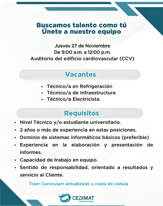 CEDIMAT invita a participar en jornada de reclutamiento para técnicos especializados