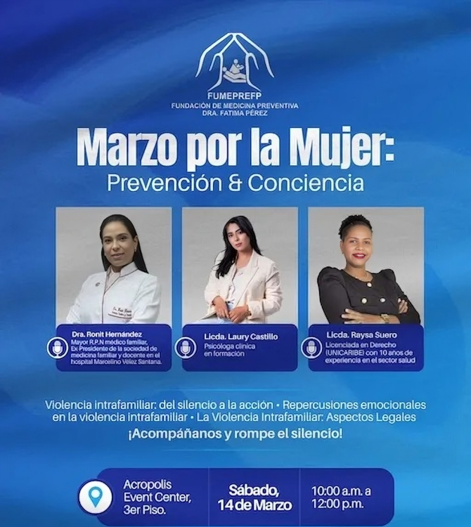 Fundación de Medicina Preventiva Dra. Fátima Pérez realizará taller "Marzo por la Mujer" sobre violencia intrafamiliar
