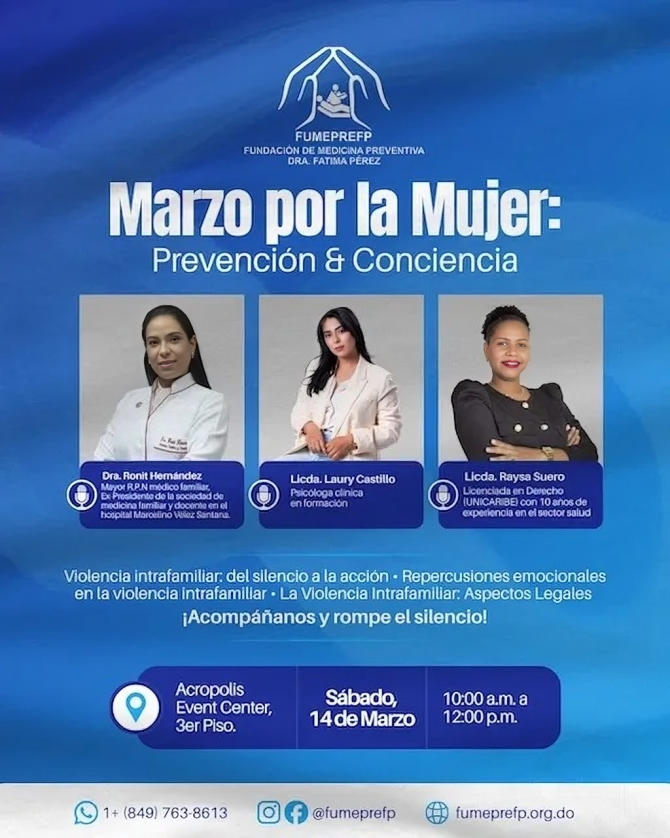 Fundación de Medicina Preventiva Dra. Fátima Pérez realizará taller "Marzo por la Mujer" sobre violencia intrafamiliar