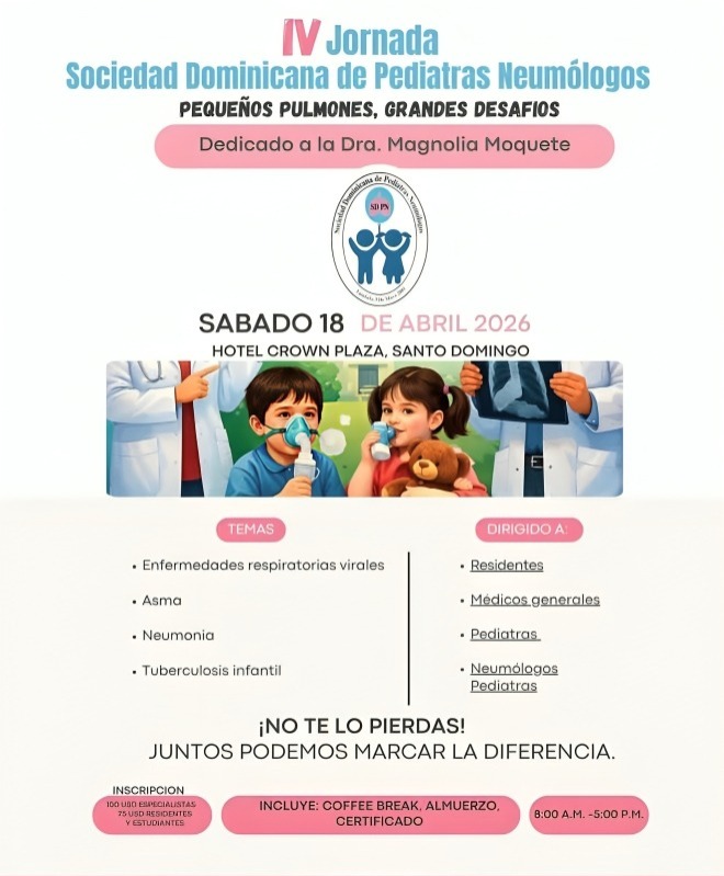 Sociedad Dominicana de Pediatras Neumólogos celebrará IV Jornada Académica sobre enfermedades respiratorias