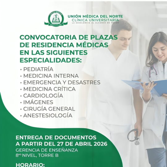 Clínica Universitaria Unión Médica del Norte abre convocatoria de plazas para residencias médicas en ocho especialidades