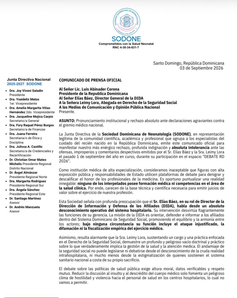 SODONE exige disculpa pública a Elías Báez y Leimy Lora tras considerar ofensivas sus declaraciones contra el gremio médico SODONE exige disculpa pública a Elías Báez y Leimy Lora tras considerar ofensivas sus declaraciones contra el gremio médico