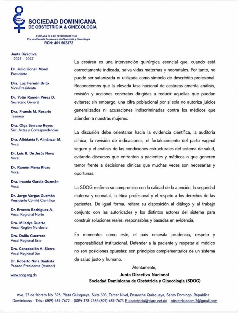 Sociedad de Obstetricia y Ginecología rechaza declaraciones de Elías Báez, director de la DIDA, y pide no satanizar la cesárea