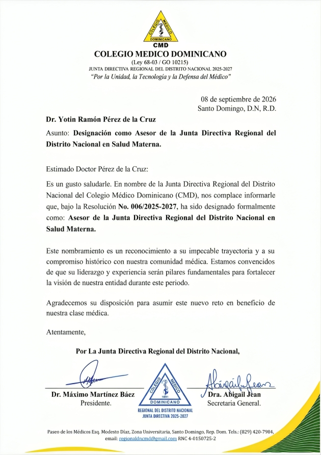 Regional del Distrito del CMD designa al Dr. Yotin Pérez asesor en Salud Materna Regional del Distrito del CMD designa al Dr. Yotin Pérez asesor en Salud Materna